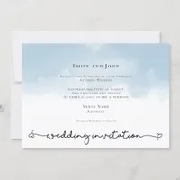 Light Blue Watercolor Heart Swash Script Wedding Invitation