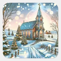 Pretty Church on a Winter Day Christmas Square Sticker