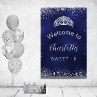 Sweet 16 navy blue silver glitter welcome foam board