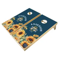 Personalized Navy Blue Sunflower Wedding Theme Cornhole Set