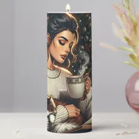 Cozy Scene | Woman Drinking Cocoa with Cat Pillar Candle