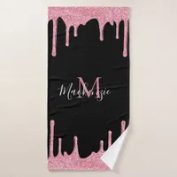 Black and Blush Pink Glitter Sparkle Drips Bath Towel Set