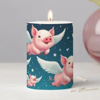 Whimsical Cute Flying Pigs in Starry Night Sky Pillar Candle