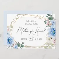 Blue Peony Flowers Will You Be My Matron of Honor Invitation