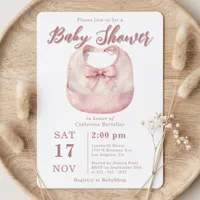 Watercolor Blush Pink Bow Bib Girl Baby Shower Invitation