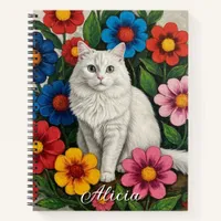Fluffy White Cat and Folk Art Flowers Notebook