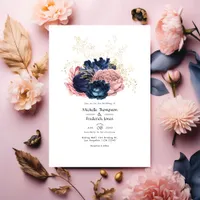 Blush, Navy and Gold Floral Wedding Invitation