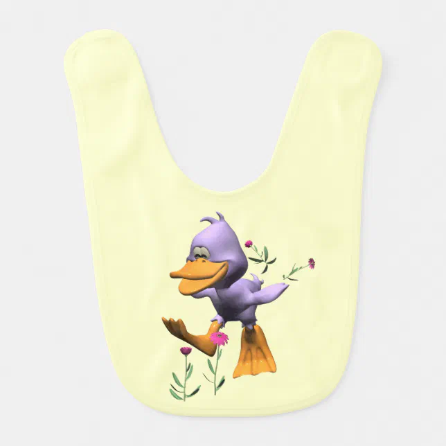 Cute Happy Cartoon Duck Running Through Flowers Baby Bib