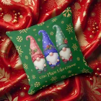 Festive Trio of Christmas Gnomes with Snowflakes Throw Pillow