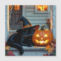 Black Cat Napping on Pumpkin Halloween 