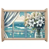 Pretty Ocean View and Vase of Flowers  Serving Tray