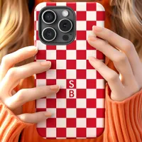 Red Retro Checkered Pattern Monogram iPhone 15 Case