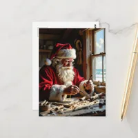 Santa Carves Driftwood at an Ocean Cabin Postcard