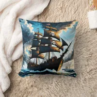 Pirate Ship Sailing Through Stormy Seas at Dusk Throw Pillow