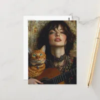 an adorable musician and her ginger kitty  postcard