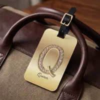 Glam Gold Diamond Monogram Initial Letter Q Luggage Tag