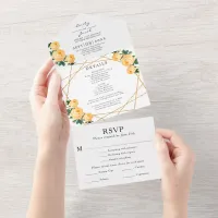 Gold Glitter Geo Orange Floral Wedding RSVP Photo All In One Invitation