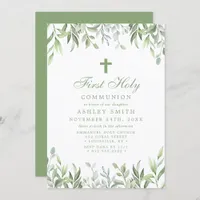 Rustic Watercolor Greenery Floral First Communion Invitation