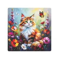 Cute Whimsical  Cat, Flowers and Butterflies Metal Print