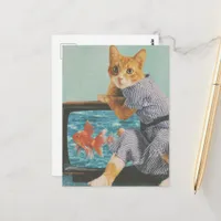 Adorable Cat With Goldfish on TV Retro Collage Postcard