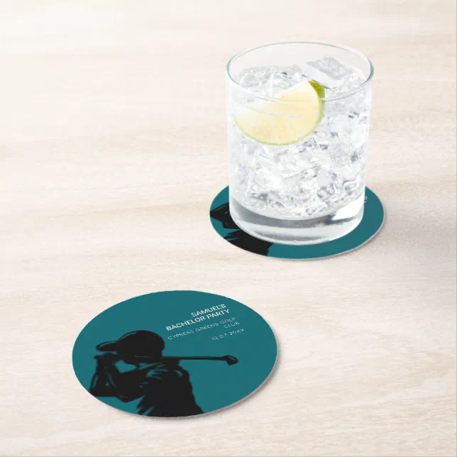 Black golfer Golfing Trip Bachelor Party minimal  Round Paper Coaster