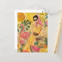 Summer Woman and Flamingo Collage Postcard