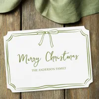 Minimalist Green & White Bow Cute Merry Christmas Card