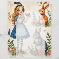 Alice and Rabbits Floral Hearts Scrapbook Paper