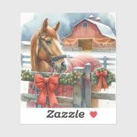 Beautiful Brown Horse at a Festive Barn Christmas Sticker