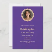 Birthday party purple gold diamond photo invitation