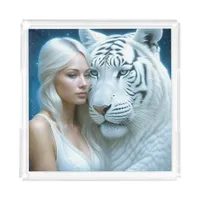 Mystical White Tiger and Woman Magical  Acrylic Tray