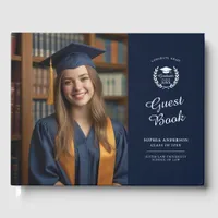 Modern Elegant Navy Blue Two-Photo Grad Keepsake Guest Book