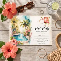 Watercolor Tropical Palm Tree Hibiscus Pool Party Invitation