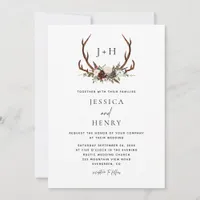 Rustic Boho Floral Antlers Wedding Invitation