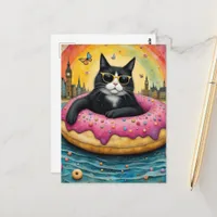 Cute Black Cat on Vacation in a Floating Donut Postcard