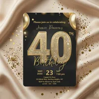 Glamorous Black Gold Glitter 40th Birthday Party Invitation