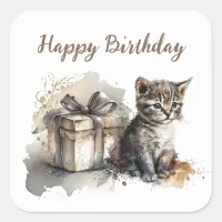 Happy Birthday | Cute Gray Kitten and Gift Square Sticker