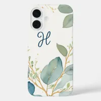 Watercolor elegant eucalyptus branch monogram iPhone 16 case