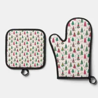 Quirky Whimsical Decorated Christmas Trees Doodles Oven Mitt & Pot Holder Set