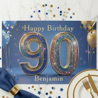 Blue Gold Glitter 90th Birthday Paper Placemat