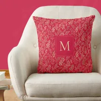 Monogram Luxury Red Gold Leaf Pattern Festive Throw Pillow