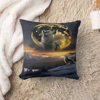 Wolves Howling Under a Golden Moon Throw Pillow