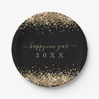 Gold Glitter Borders Script Happy New Year Black Paper Plates