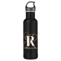 Modern Black Gold Script Monogram Name Stainless Steel Water Bottle