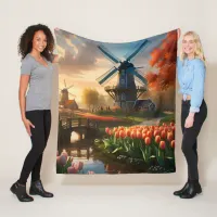 Windmill in Dutch Countryside by River with Tulips Fleece Blanket