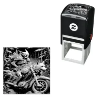 skeleton on a chopper mounted with a wolf head self-inking stamp