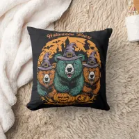 Halloween bears in playful witch hats at night throw pillow