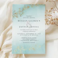 Modern Gold Flecks Teal Mist Watercolor Wedding Invitation