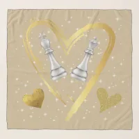 Gold Hearts King and Queen Chess Pieces on Brown | Scarf