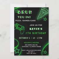 Green Neon Glow Pizza Games Bruh Birthday Invitation